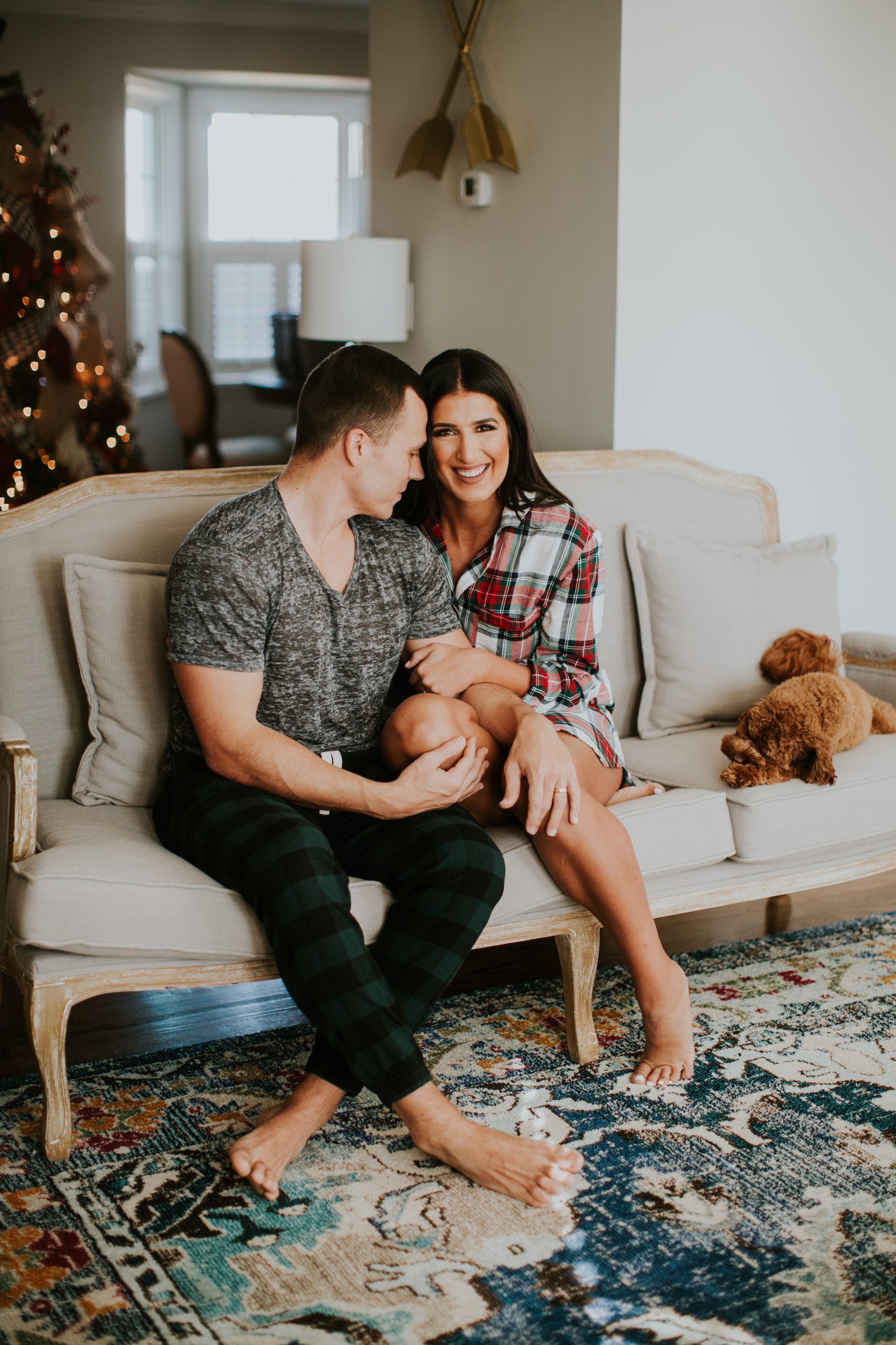 our holiday traditions, holiday pajamas, couples photos, christmas couples session, holiday couples outfit, cockapoo, a southern drawl dog, cocker spaniel poodle // grace white a southern drawl