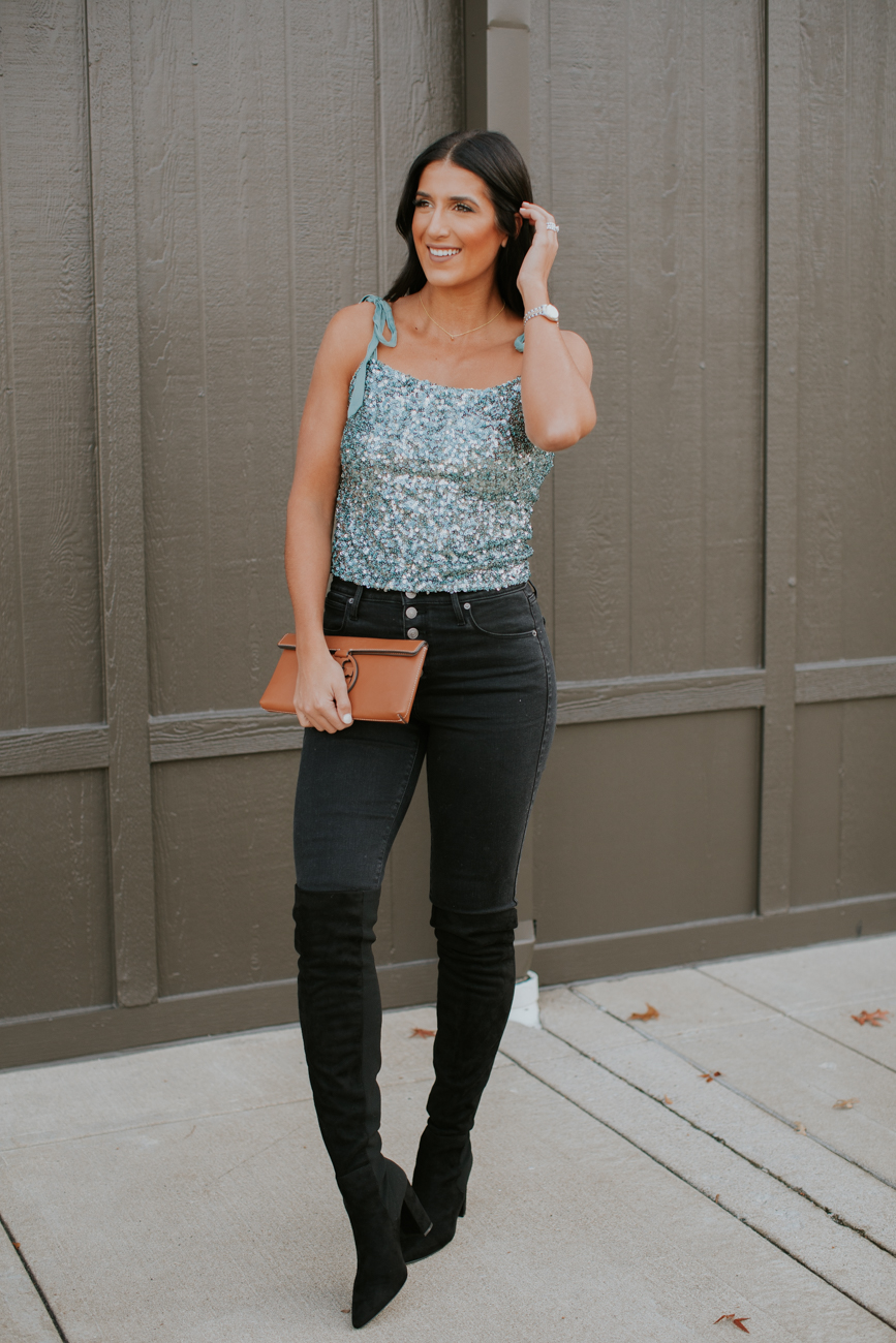 sequin cami, new years eve outfit, new years outfit, sequin top, over the knee boots, sequin outfit, new years outfits // grace white a southern drawl