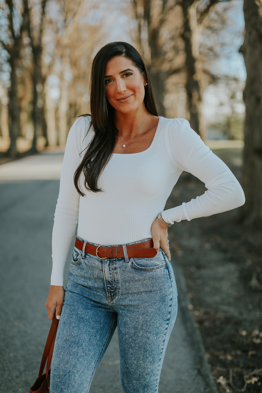 my most worn top and jeans, white sweater, everlane sweater, puff sleeve sweater, square neck top, acid wash jeans, grlfrnd jeans // grace white a southern drawl