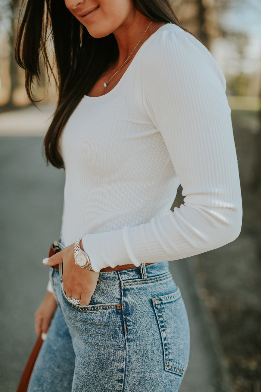 my most worn top and jeans, white sweater, everlane sweater, puff sleeve sweater, square neck top, acid wash jeans, grlfrnd jeans // grace white a southern drawl