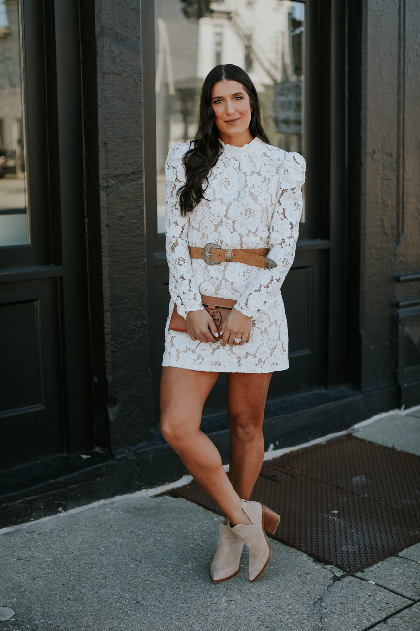 little white lace dress, little white dress, bride to be dress, bridal shower dress, bridal party dress, beige booties, western belt, brown leather clutch // grace white a southern drawl