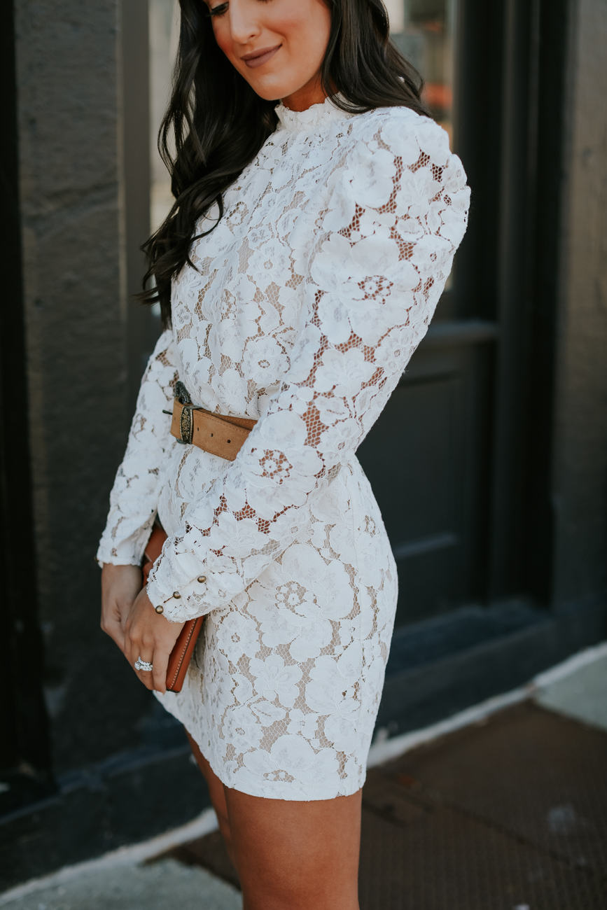 little white lace dress, little white dress, bride to be dress, bridal shower dress, bridal party dress, beige booties, western belt, brown leather clutch // grace white a southern drawl