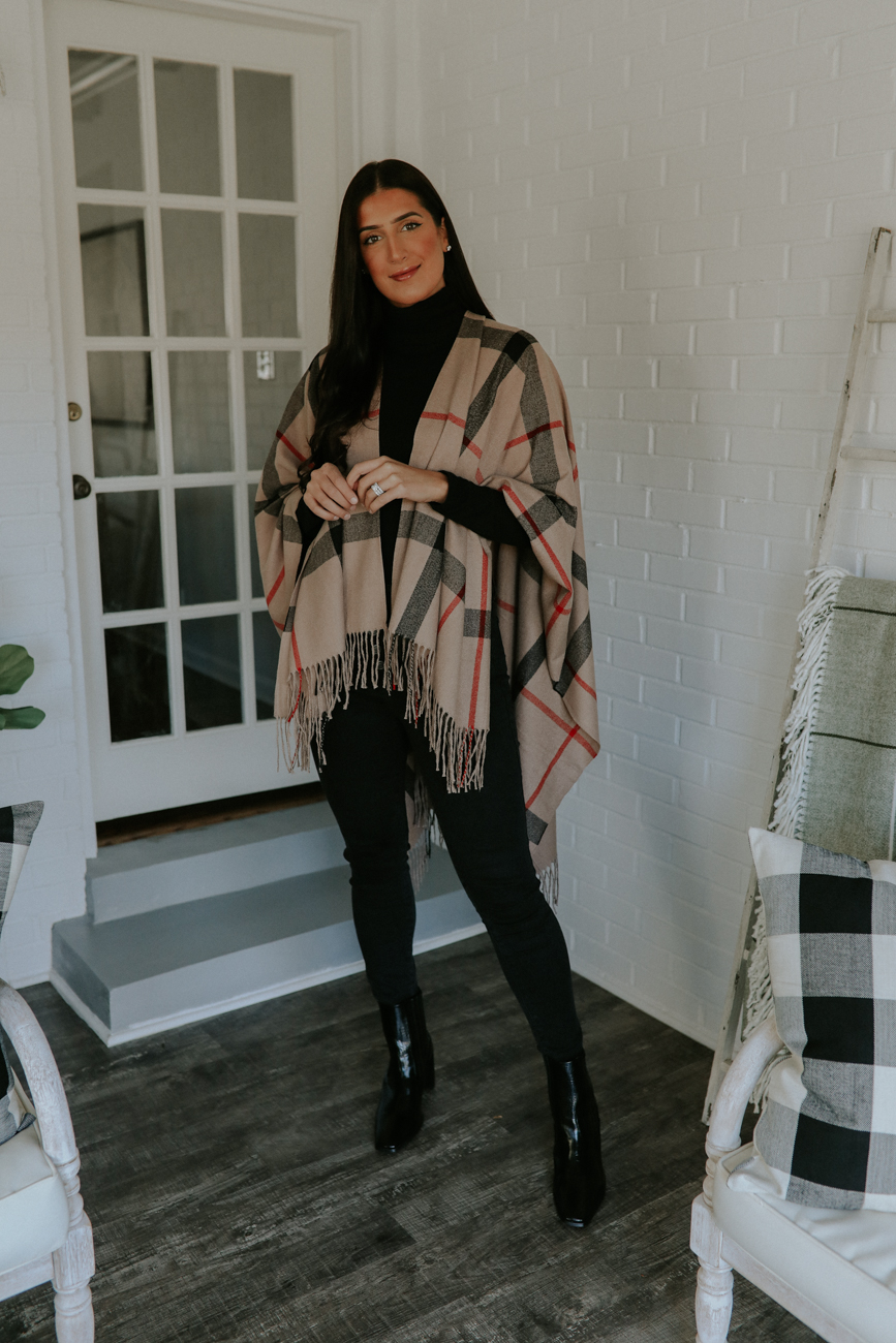 walmart outfits, holiday outfits, plaid cape, burberry dupe, leopard top, holiday outfit // grace white a southern drawl