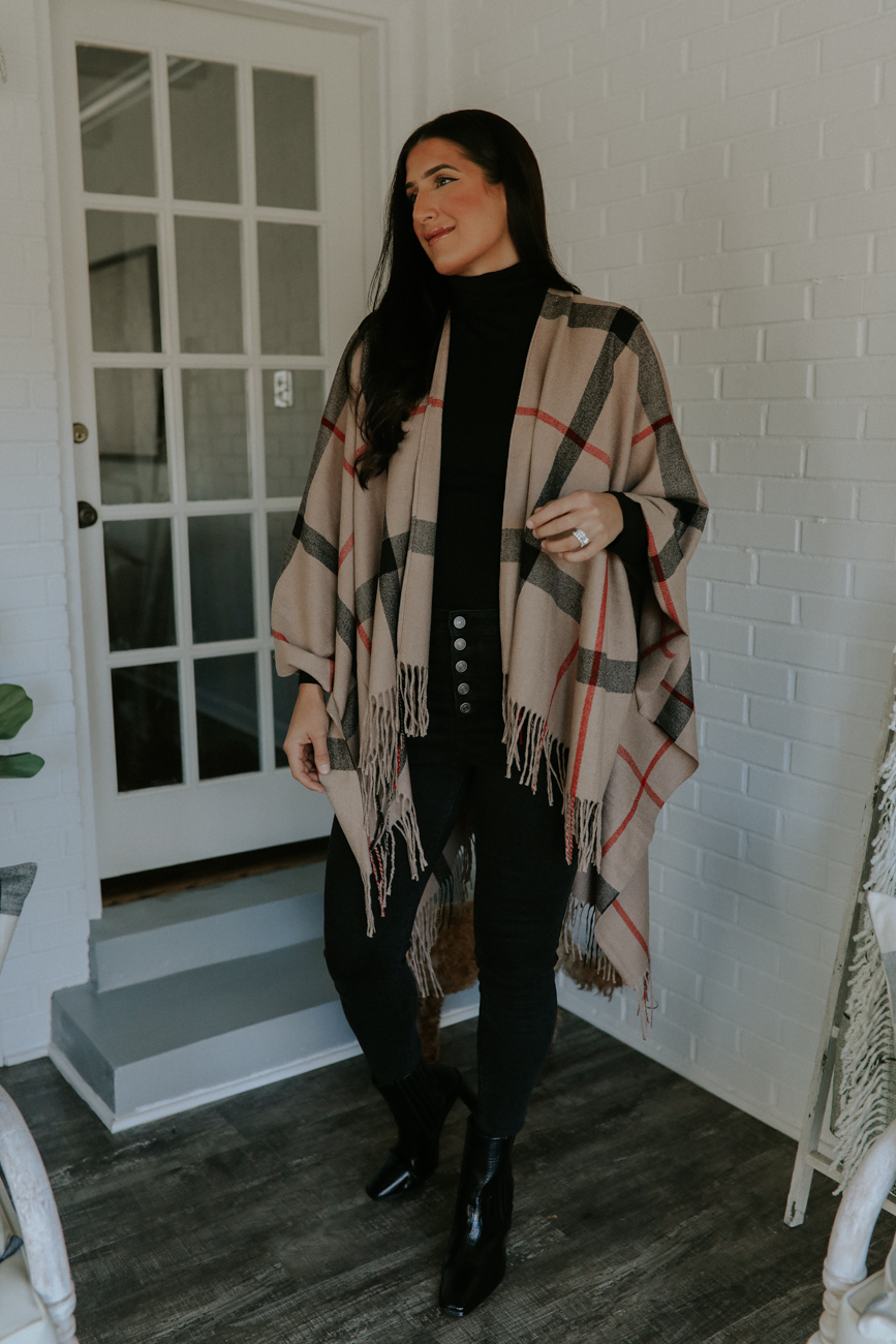 walmart outfits, holiday outfits, plaid cape, burberry dupe, leopard top, holiday outfit // grace white a southern drawl